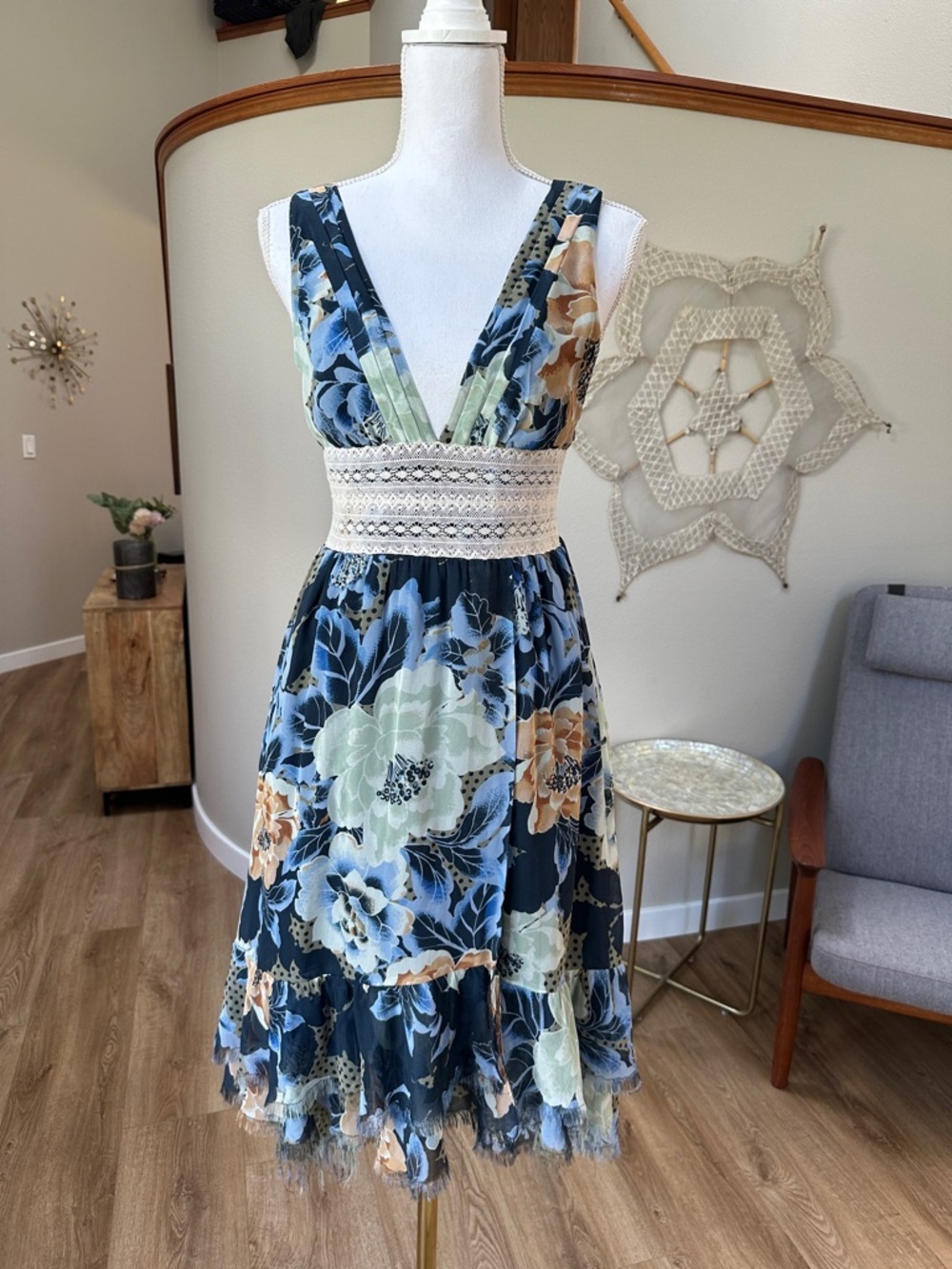 Free People Navy Multi Floral Midi Dress with Crochet Waistband